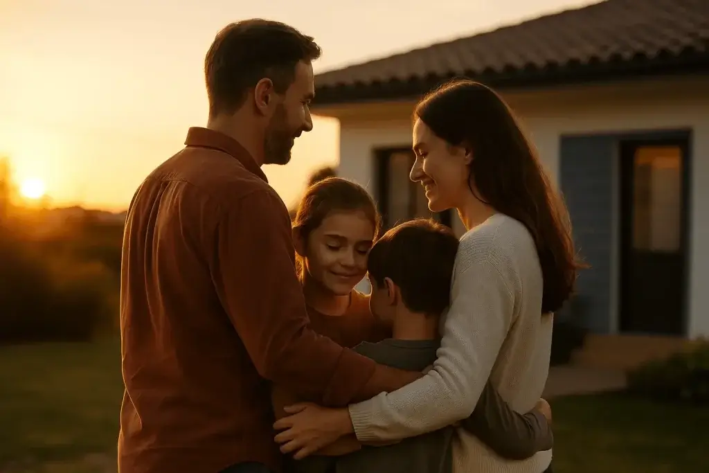 Família abraçada em frente à casa ao pôr-do-sol, transmitindo proteção e tranquilidade, símbolo do seguro de vida hipotecário.